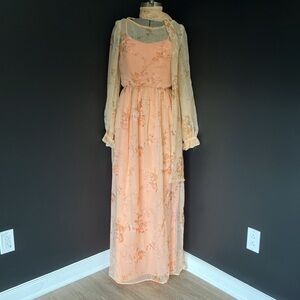 Vintage 1970s Handmade Floral Chiffon & Orange Dress with Matching Scarf